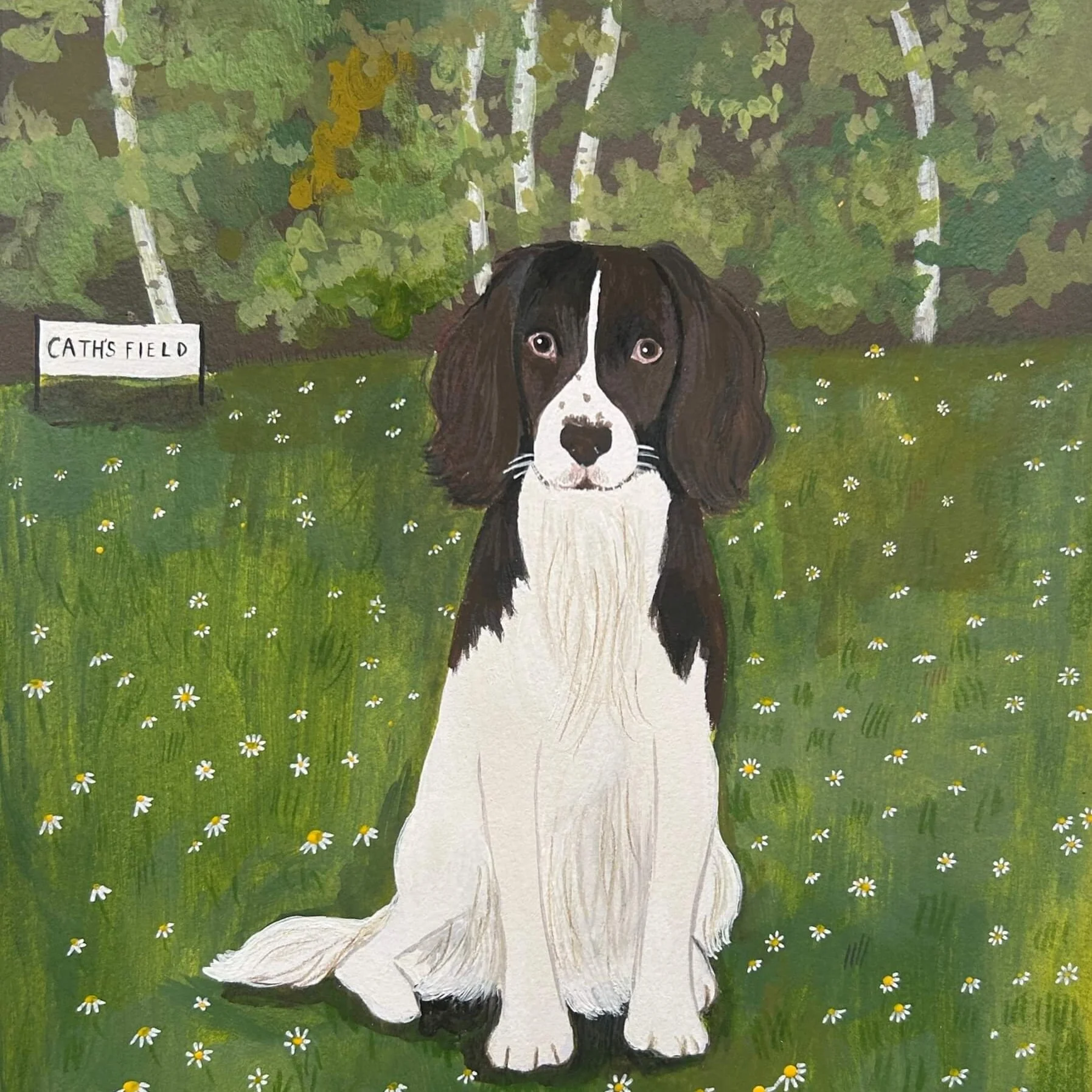 Hand-painted watercolour pet portrait of a brown and white spaniel sitting in a field of daisies — custom pet artwork from your photos