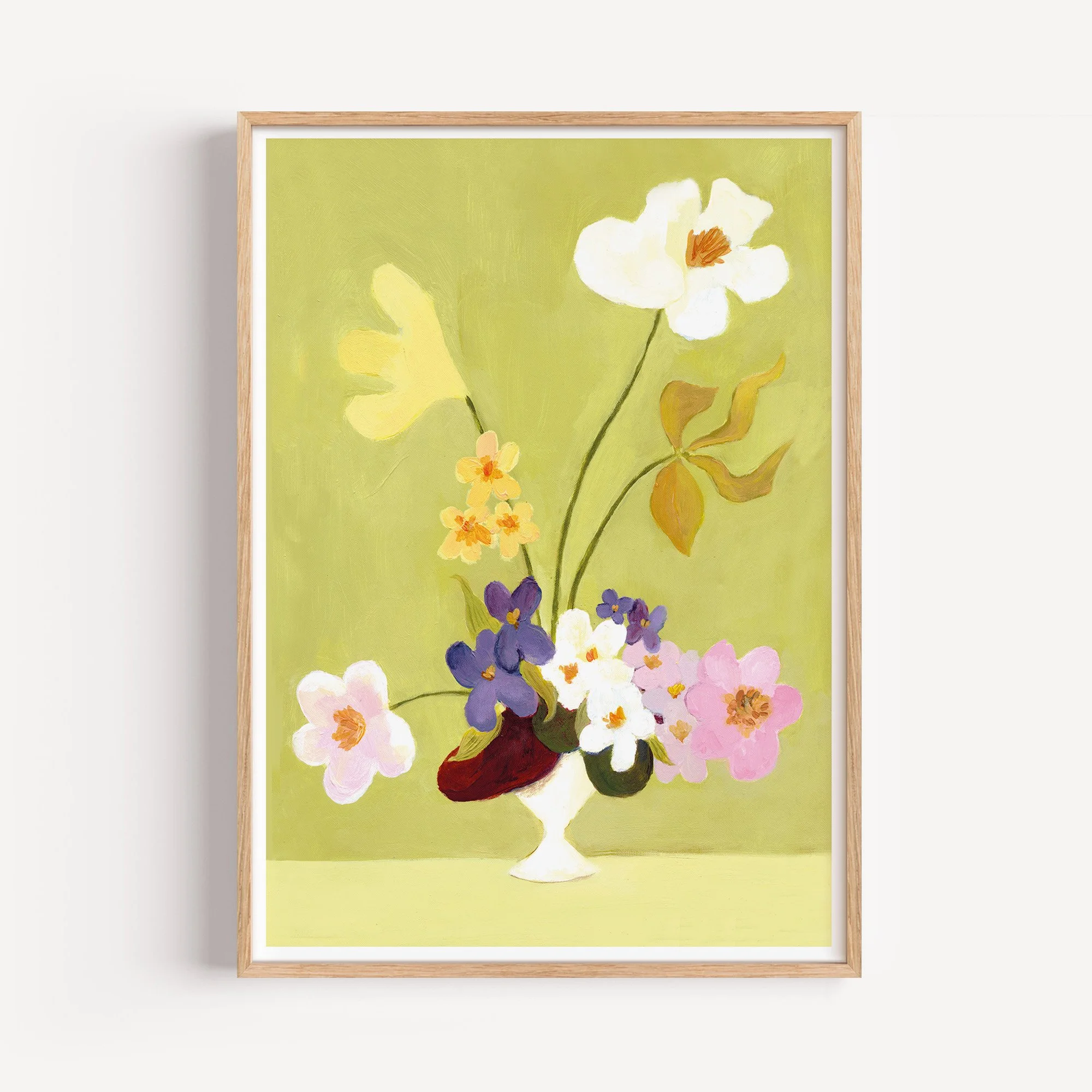 A bright and whimsical floral illustration featuring vivid pink, white, and yellow blooms. Professionally printed onto high-quality, lightly textured paper with archival inks.