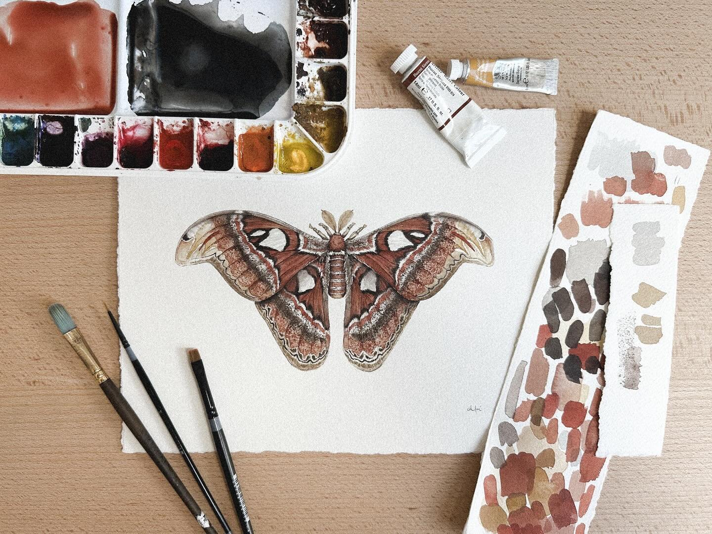 I wanted to paint an Atlas moth ever since I saw them in Animal Crossing. It totally escaped me until today that they&rsquo;re named after a Titan from Greek mythology! When I was a teen, mythology fascinated me (and still does!)&mdash;it was even th