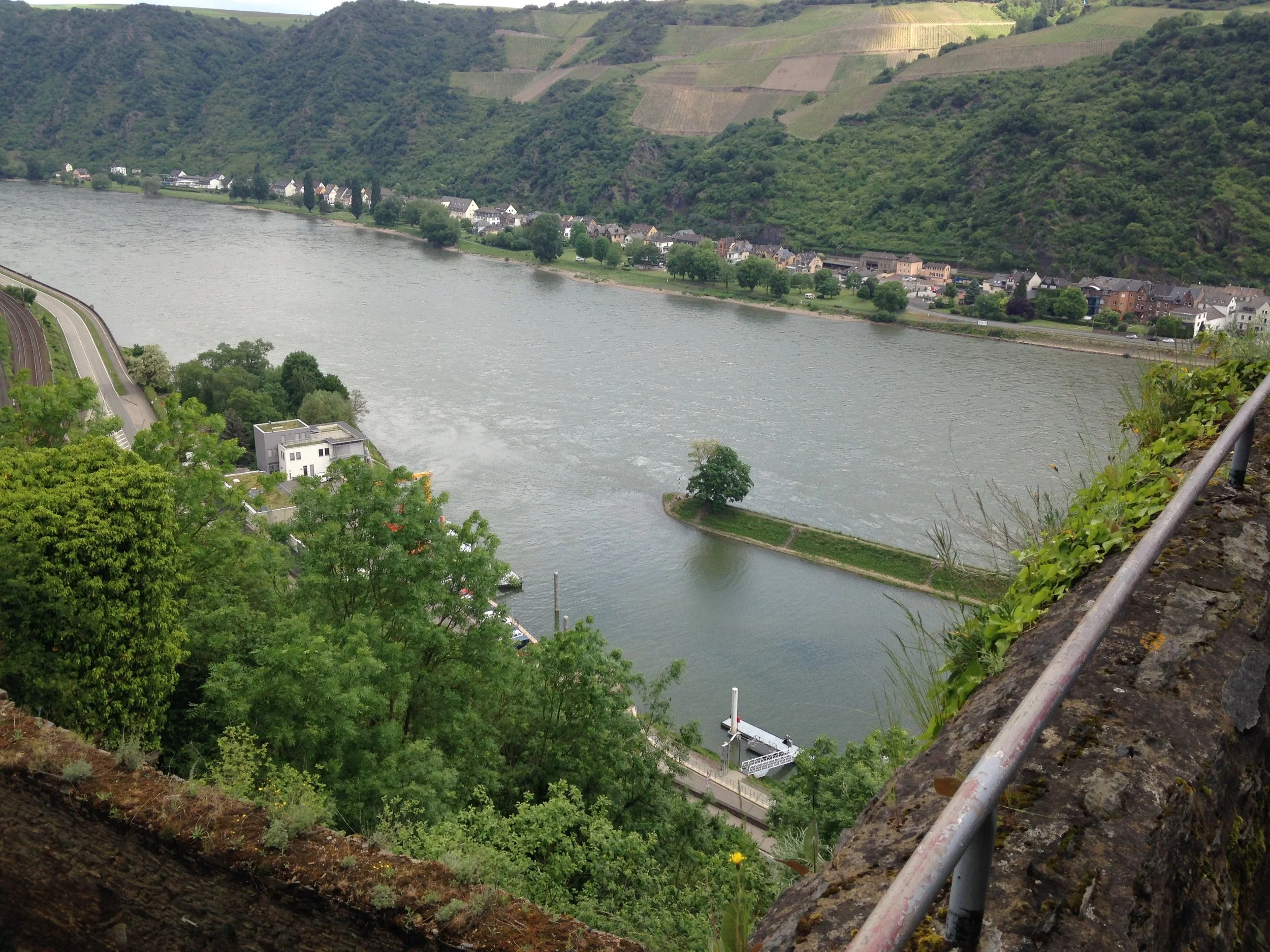 This is a view of St. Goar (properly said with two syllables "Go-Ar"). Janice and I were with a smaller part of our group who walked up, along a nice trail through the woods to the right, to get to Castle Rhinefelz. It was a beautiful walk, though sometimes Janice had to pull me along.