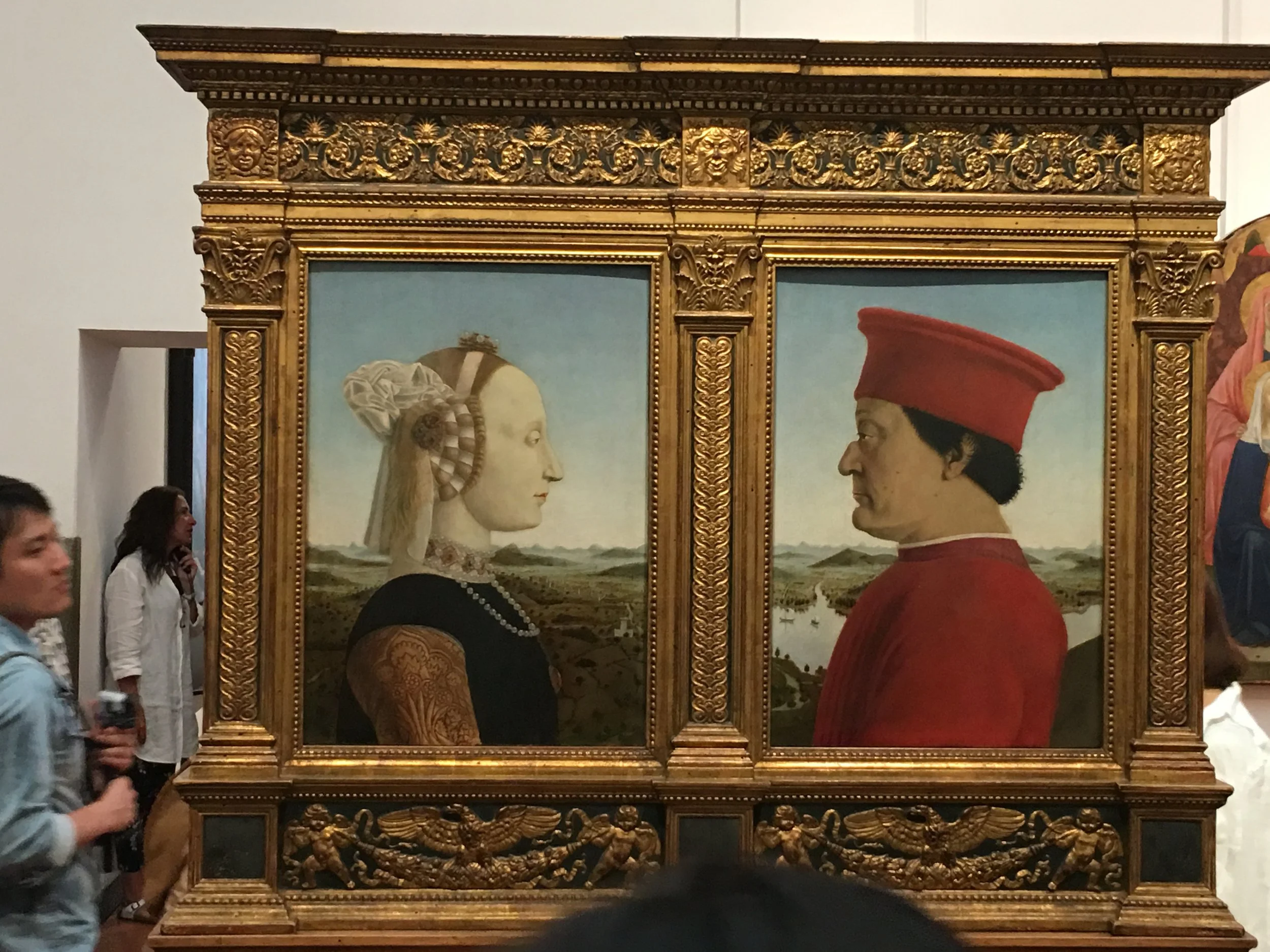 Below is a view out of the windows upstairs in the Uffizi, looking back on the bridges downstream. The first bridge is the Ponte Vecchio. The next is the Ponte Santa Trinita, and then the Ponte Alla Carraia which we had crossed some hours before.