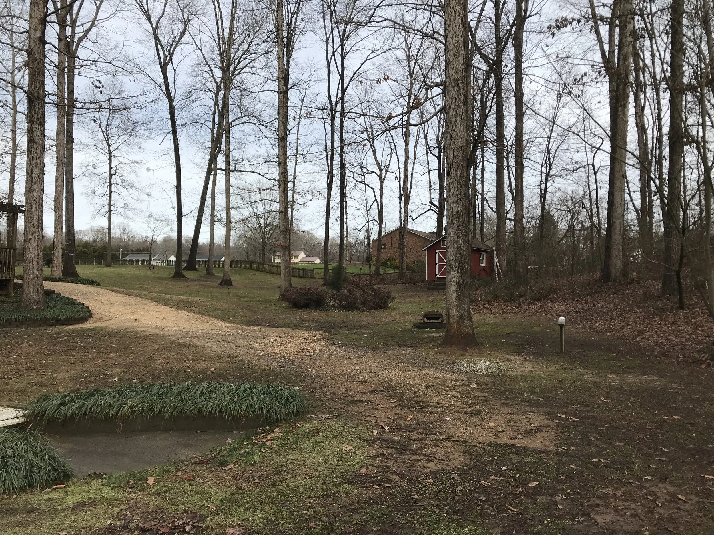 This is photo 4. Looking at Lot 47 on the right, the driveway coming down the hill on the left and the side yard in the distance in the middle.