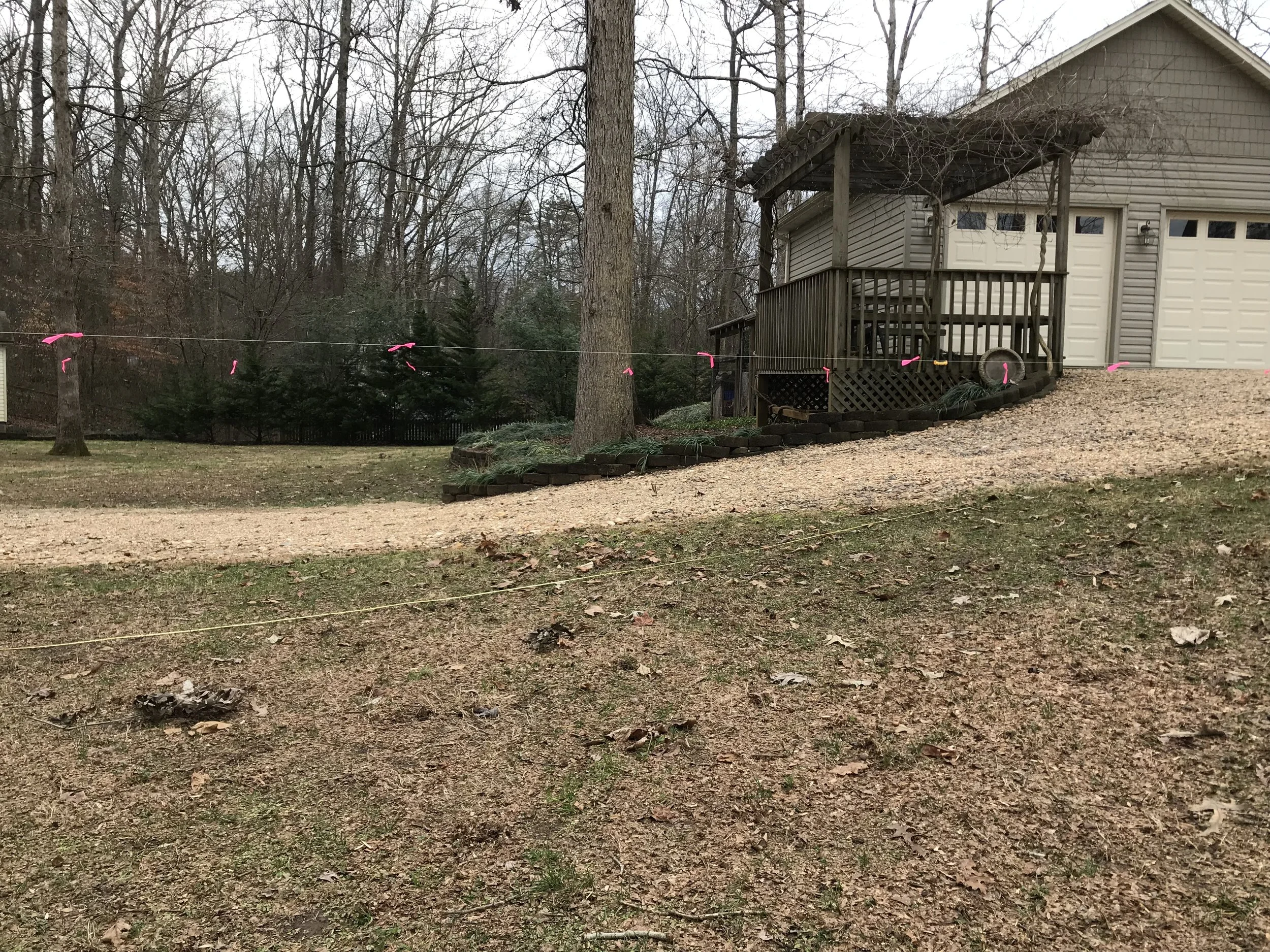 Photo D. Here is a view from the east side looking at the slope and the strings. I put up a second one that runs down the east side of the driveway since the first string ran to that tree and went down the west side of the driveway. The slope on the east side starts sooner, but is more gradual.