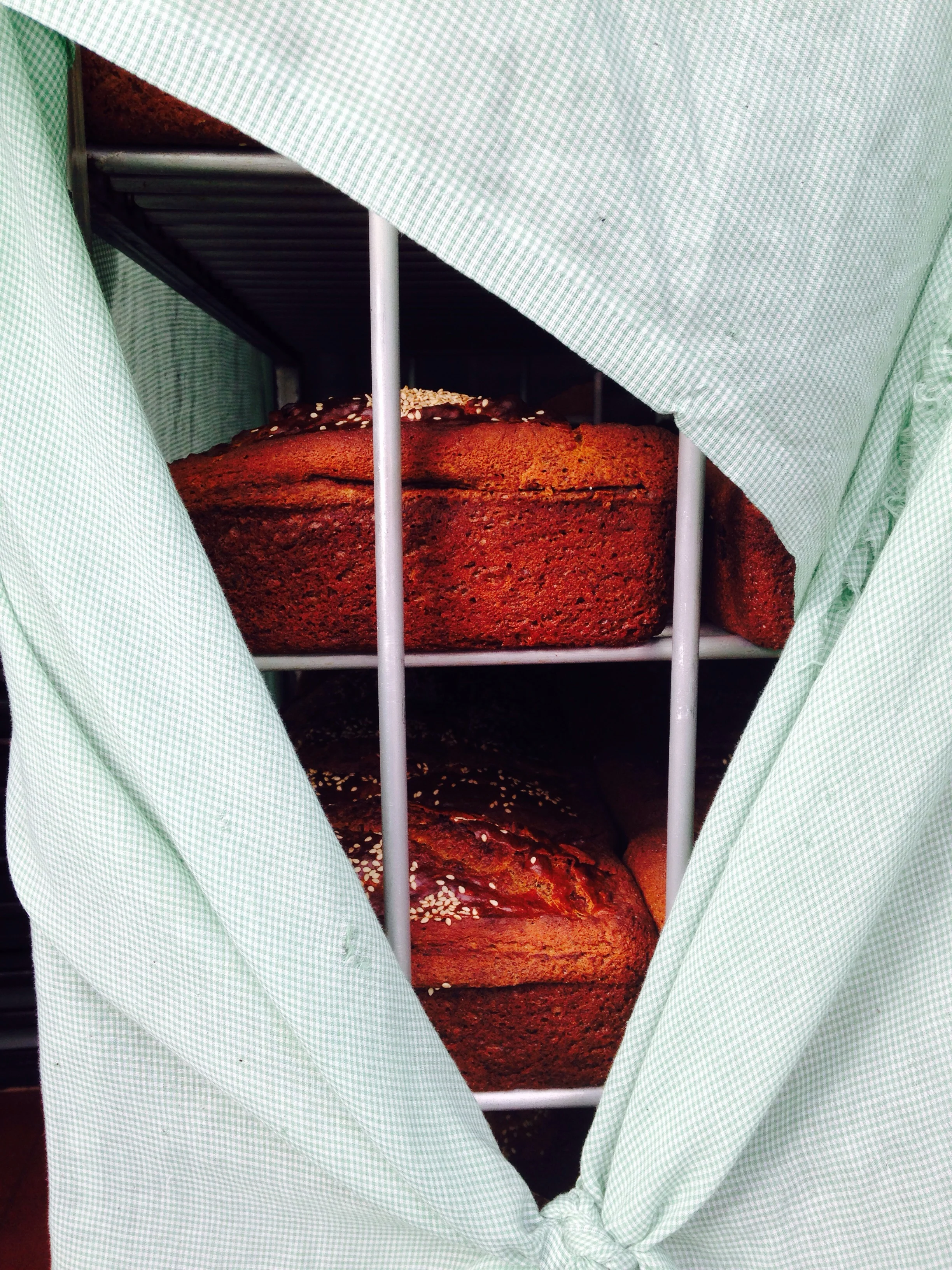 fresh baked banana bread in a bakers door. 