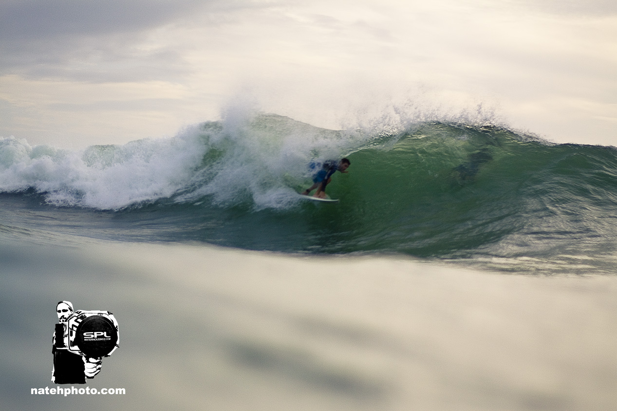 Keith found the funkiest wave we've ever seen. It jacked up just as he dropped in to give him this joy ride. The conditions were a little unusual this morning at Monster Hole. Well surfed Keith! 