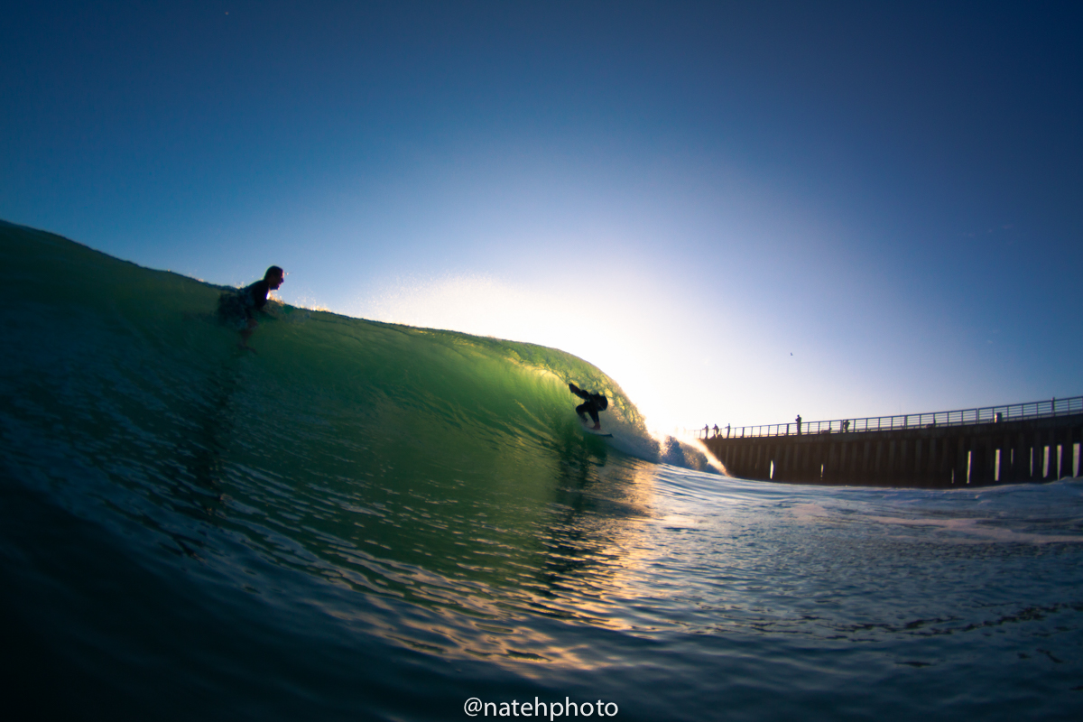 It's not always my focus to try to shoot the wedging barrel that takes place at first peak, but it sure can look nice when its right! Here's Wiley tucking in on a fun backlit one. 