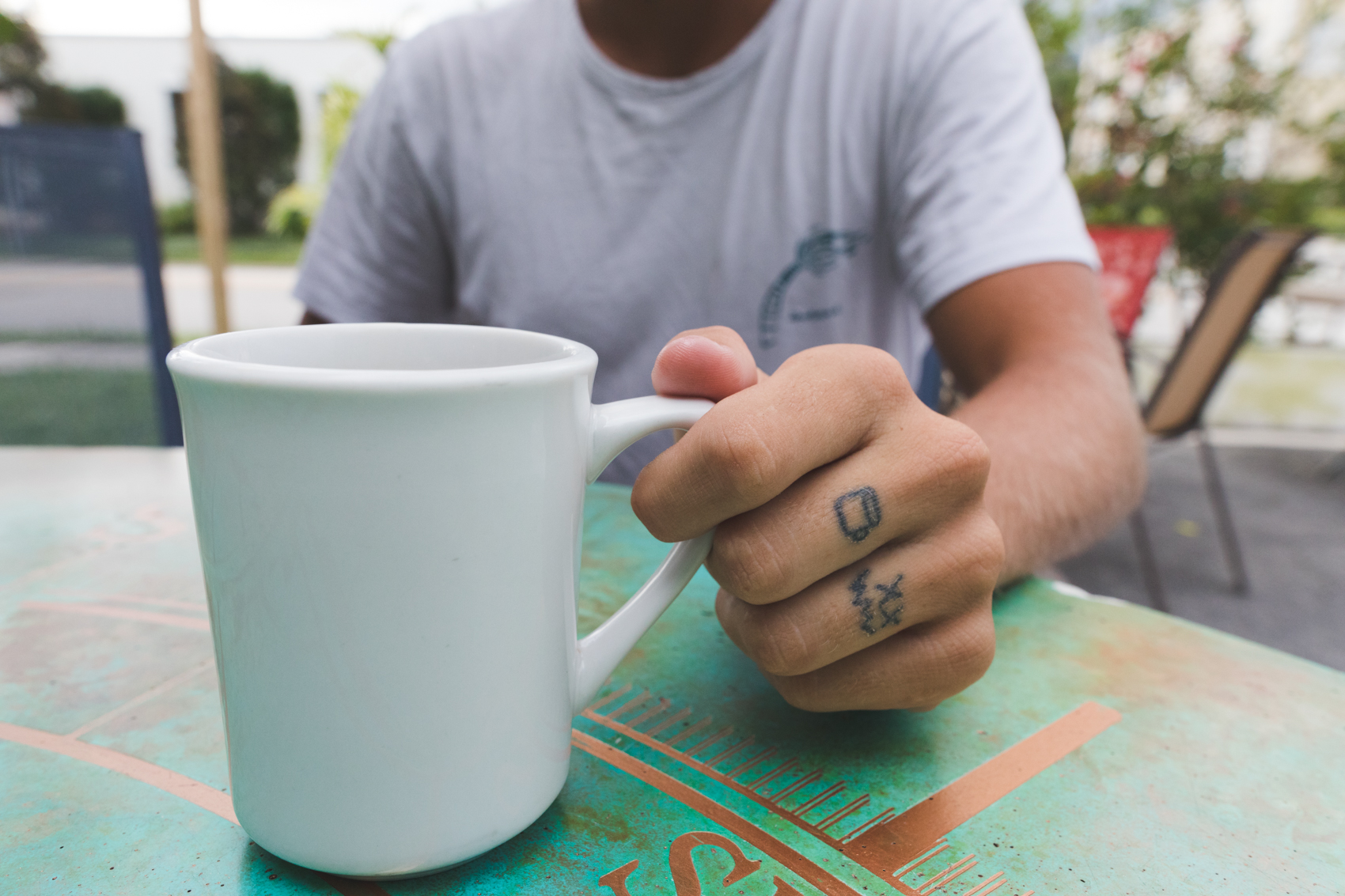 Chaun Chaun has been experimenting with tattooing himself. First Tats get dedicated to a cup of Coffee. He's a true surfer. 