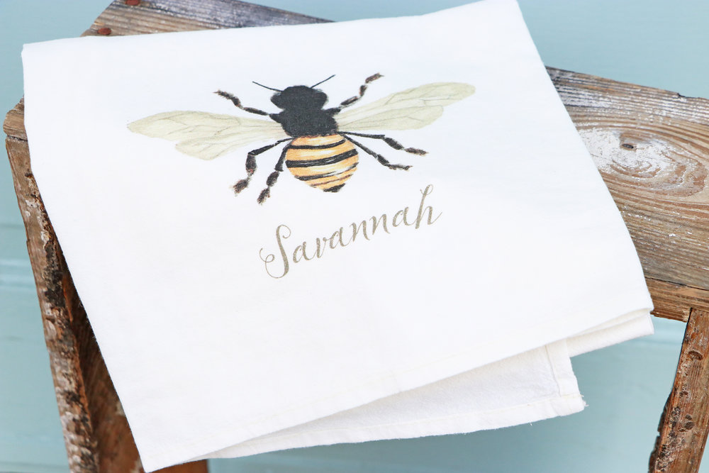 Bumble Bees and Clover Tea Towels, Floral and Bee Dish Towels