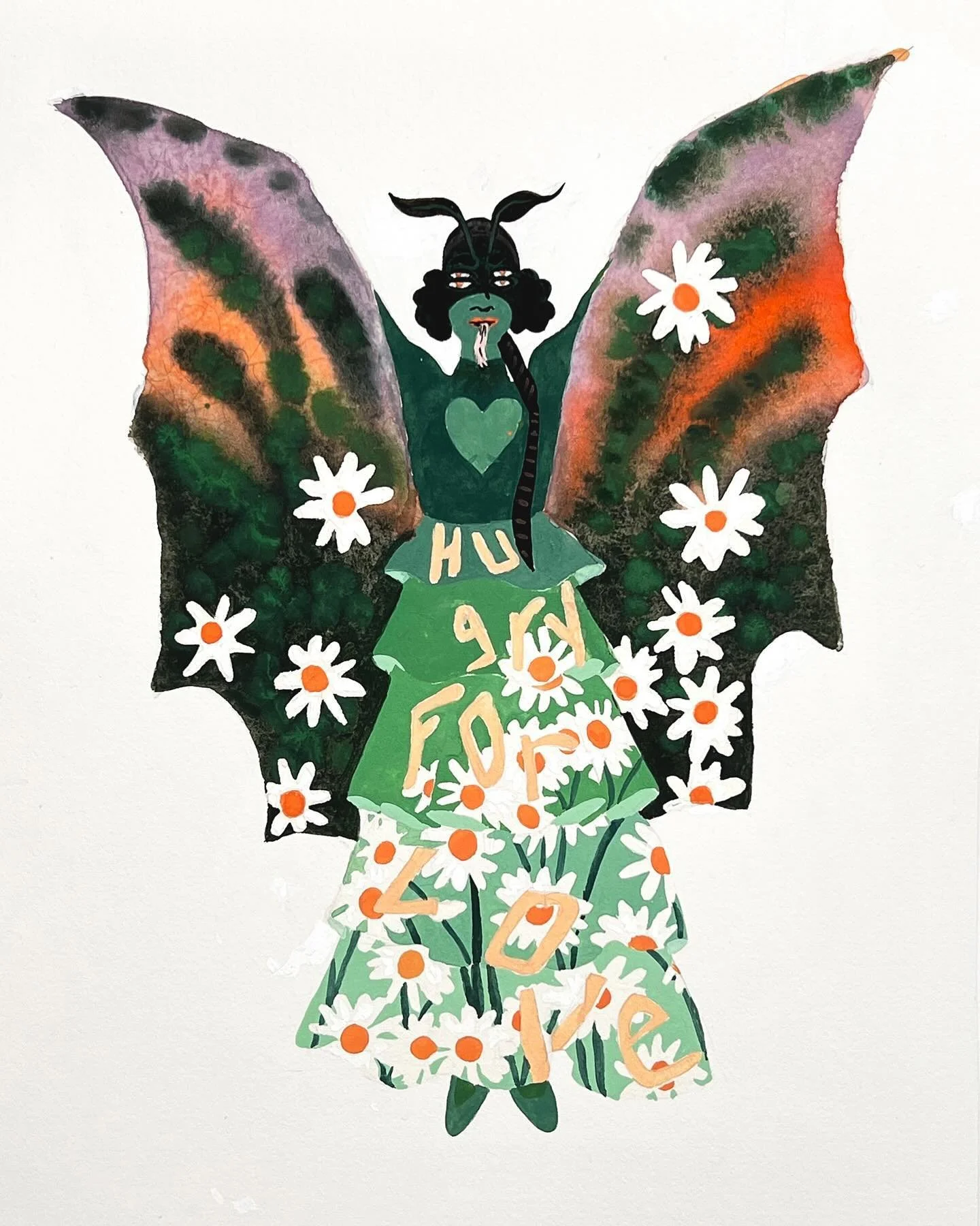 Green Mothra, watercolor and gouache on paper, 12x9 inches unframed, $600 through @onemilegallery