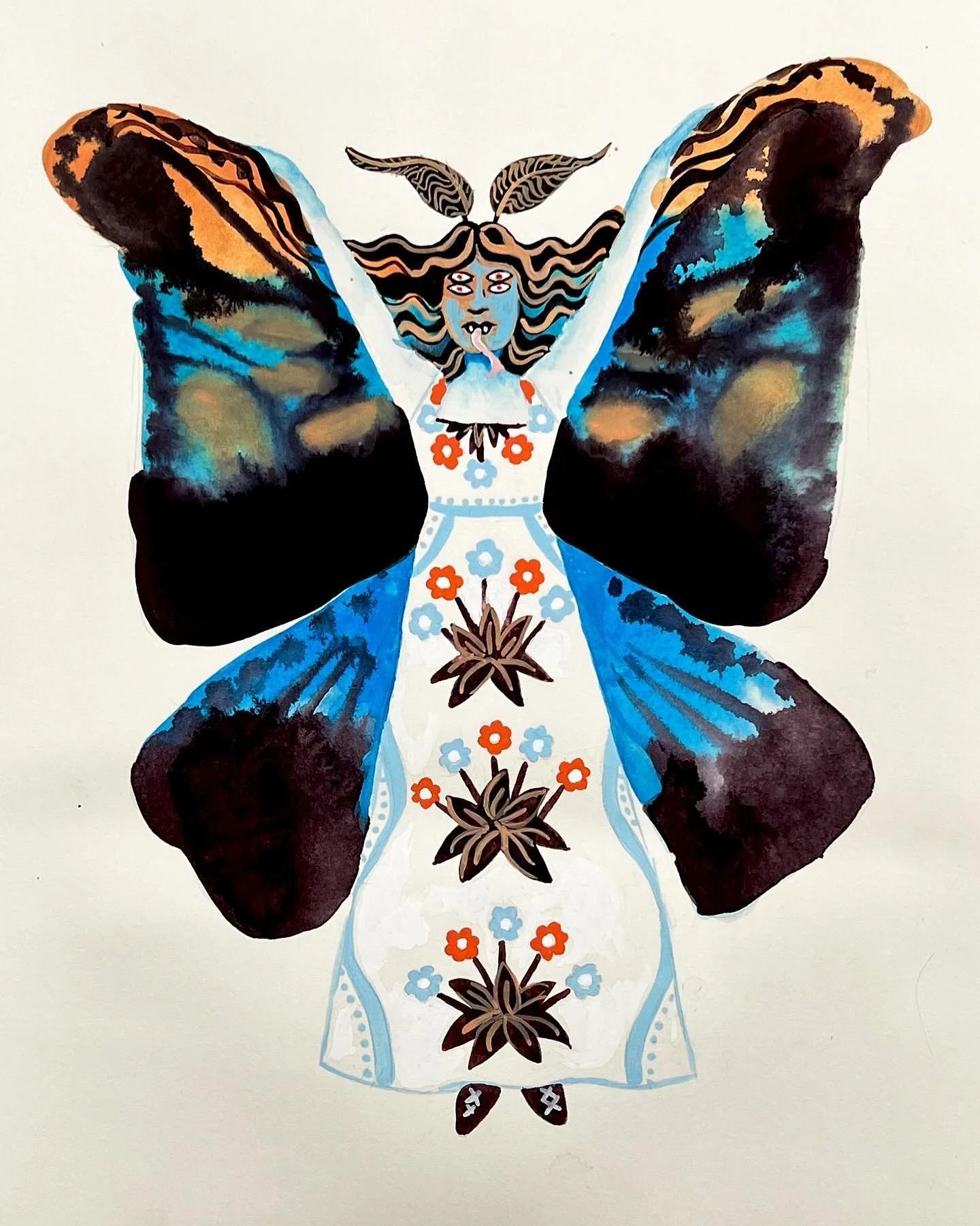 Blue Mothra, watercolor and gouache on paper, 12x9 inches unframed through @onemilegallery