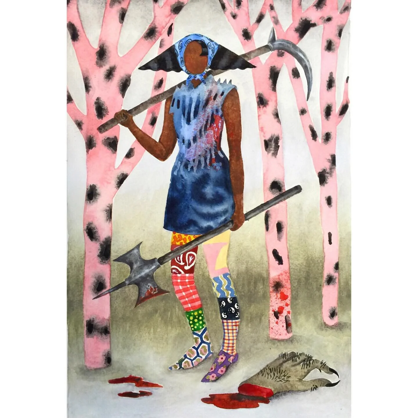 ⚔️ 👹Warrior with Severed Claw, one of my favorites and looking lovely in her frame. Still looking for her forever home! 🖤 Watercolor on paper 21 x 16 inches framed, message me for pricing and available works. 

#watercoloronpaper #kerioldham #women