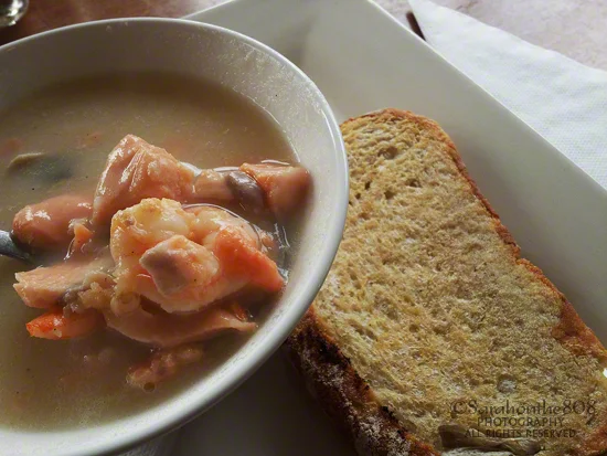 The most delicious salmon seafood chowder at Lava Glass, Glass Blowing Studio, Gallery & Cafe.