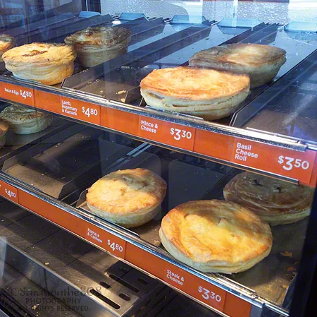 I have to say that New Zealanders certainly have it made. Hot gourmet pies in a gas station convenience store? And they only cost $3.30 to less than $5? Compared to the spam musubi in Hawaii which is smaller and about the same price—well, let me tell you there is no comparison! Bacon & Egg, Thai Chicken Curry, New York Pepper Steak...I can't make up my mind...