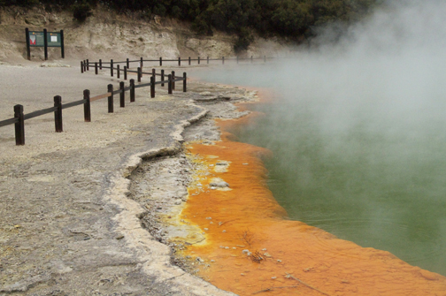  The hot water spring sits in a 700-year-old crater! The gas bubbles are carbon dioxide and the vivid orange portion contains arsenic and sulphur compounds rich in minerals including gold and silver. No mining here. 