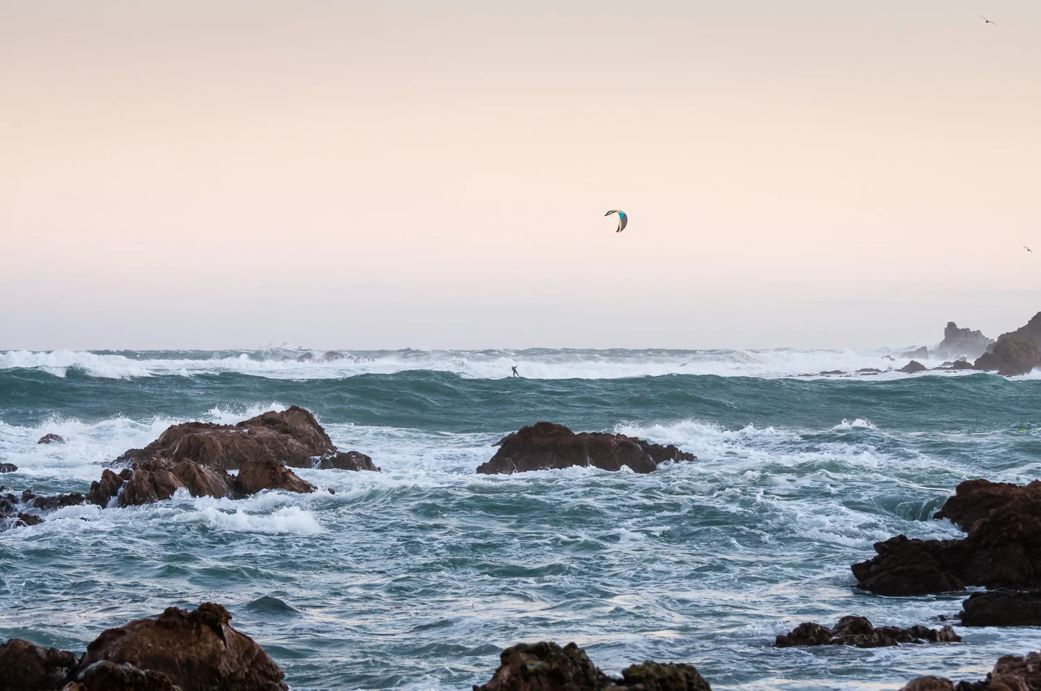 A kite surfer dwarfed by rough seas, headed for the rocks by the island Taputeranga, at Island Bay.