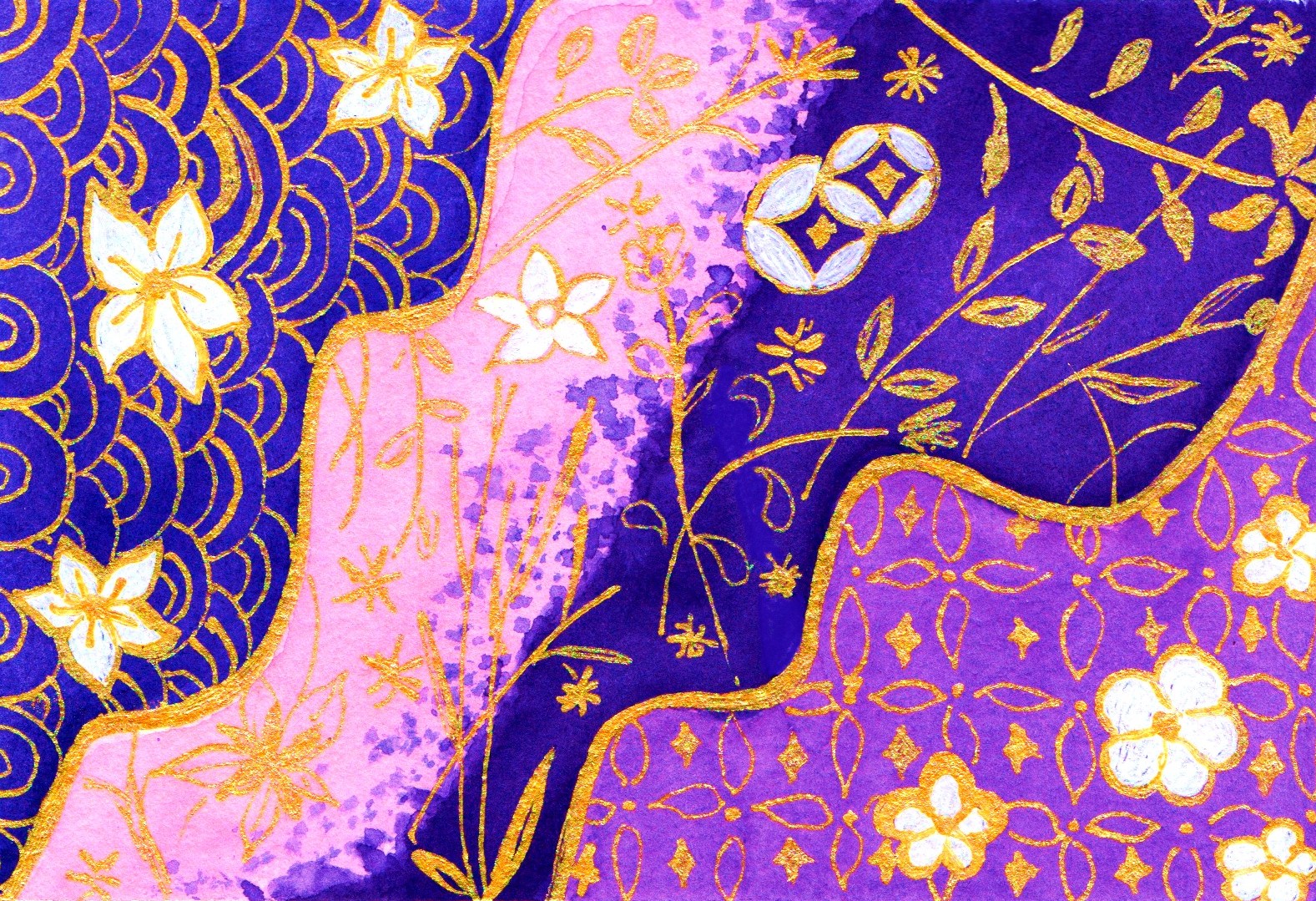 Indigo and Gold (watercolor, acrylic pen, and calligraphy ink)