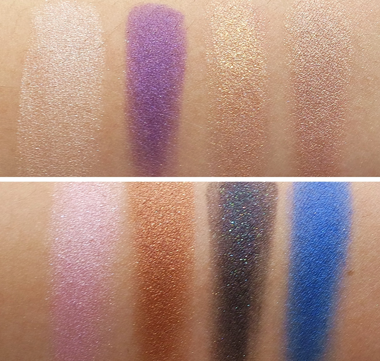 Electric Cool Eye Shadows, TOP: Pure Flash! (pale champagne), Highly Charged (rich purple with pink pearl), Gilded Thrill (gold frost), Superwatt (light shimmering taupe) | BOTTOM: Love Power (soft shimmering rose), Coil (copper bronze), Blacklit (black with multidimensional pearl), Switch To Blue (rich cobalt)