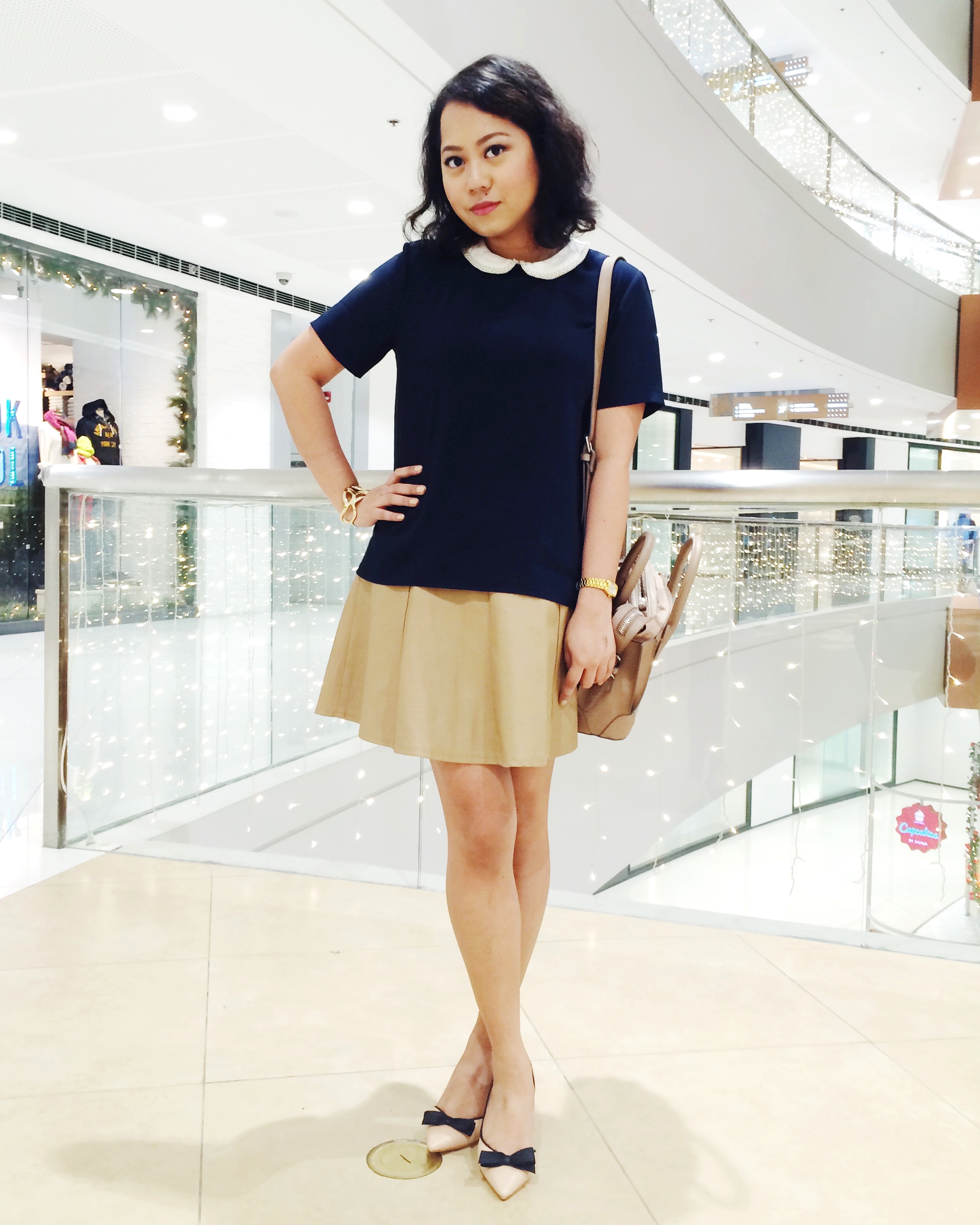 Top and satchel from ZARA / Skirt from Forever 21 / Kitten heels from parisian / Bangle from Pinkbox