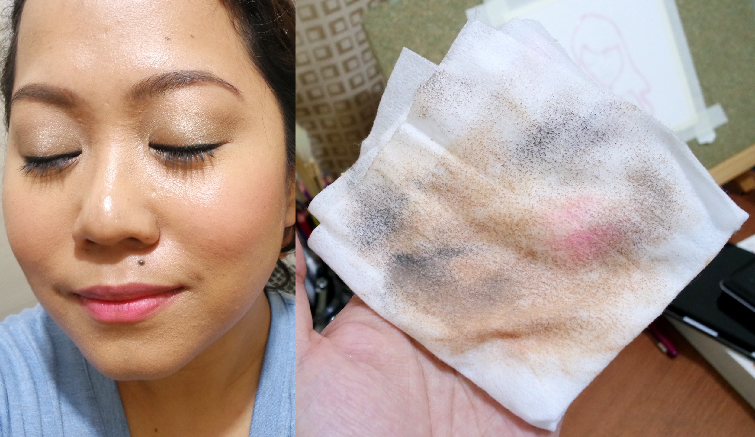All that gunk, gone! Tip: Fold your wipe in four sections and use each section for different parts of your face. You don't want your eye and lip makeup getting on your nose and cheeks! That's like a surefire formula for clogged pores.