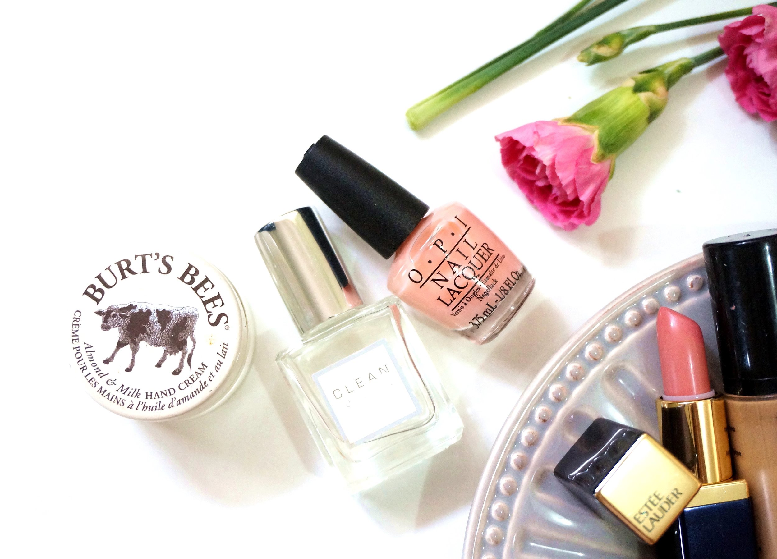 Burt's Bees Almond & Milk Hand Cream, Clean Perfume, and OPI Nail Polish