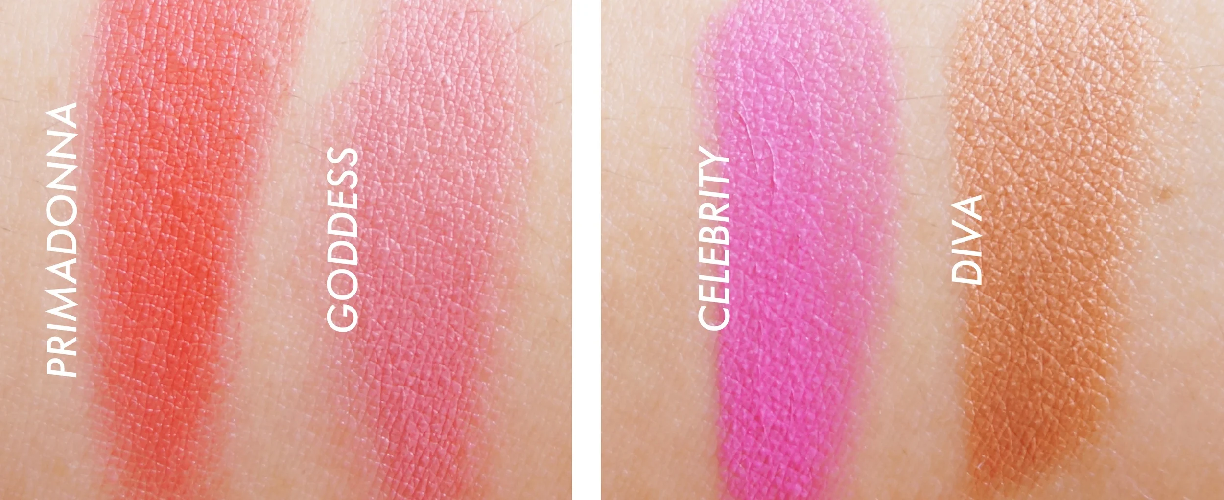 These swatches doesn't quite capture the brightness of Primadonna and Celebrity - they are better experienced in person!
