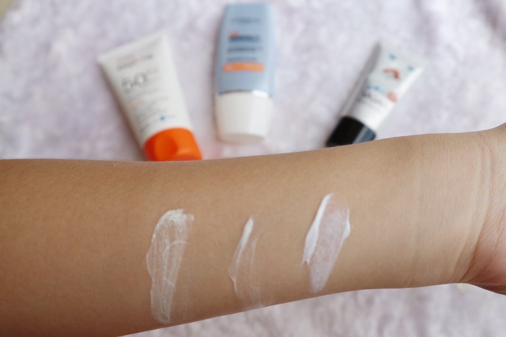Swatches: Cetaphil Daylong SPF 50+ Light Gel for Face & Body, L’Oreal Paris UV Perfect Aqua Essence Advanced Watery Gel, and Yadah Oh My Sun Block