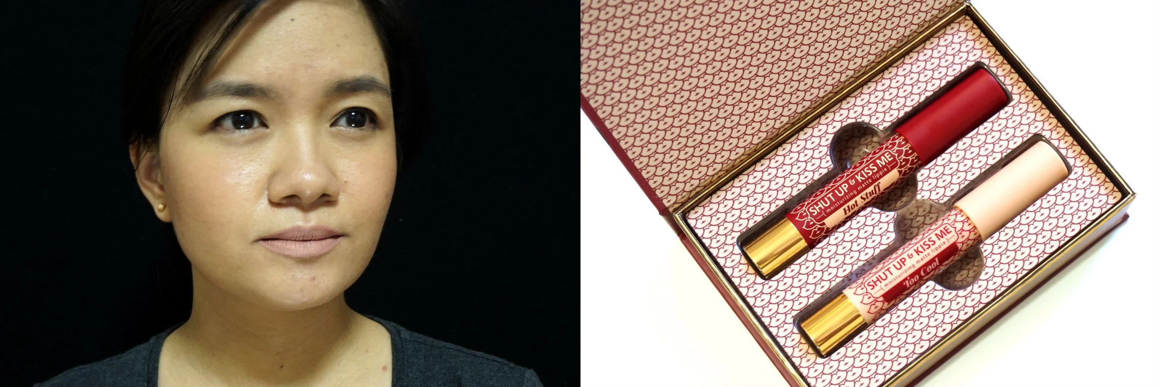 Happy Skin Moisturizing Matte Lipstick in Too Cool on the lips and cheeks