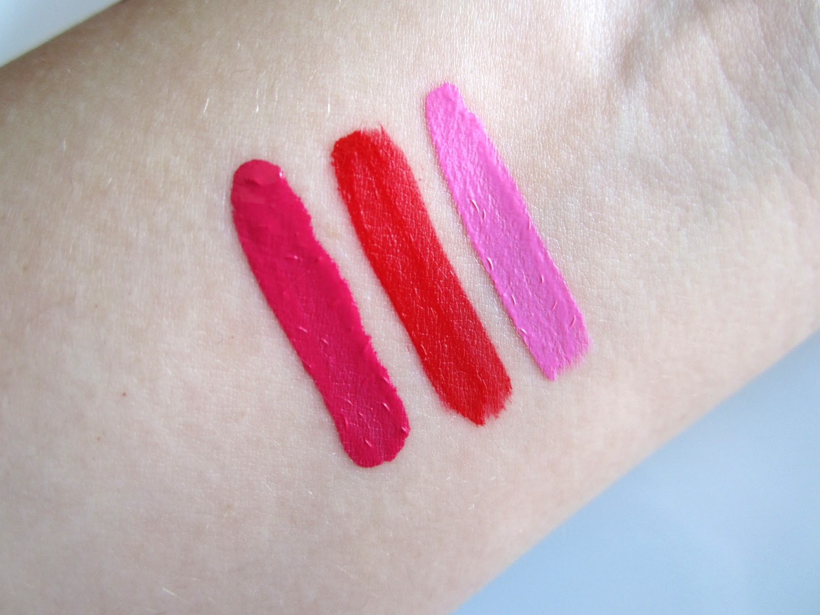 Swatches of Back to the Fuchsia, Red My Mind, and Click on my Hyperpink
