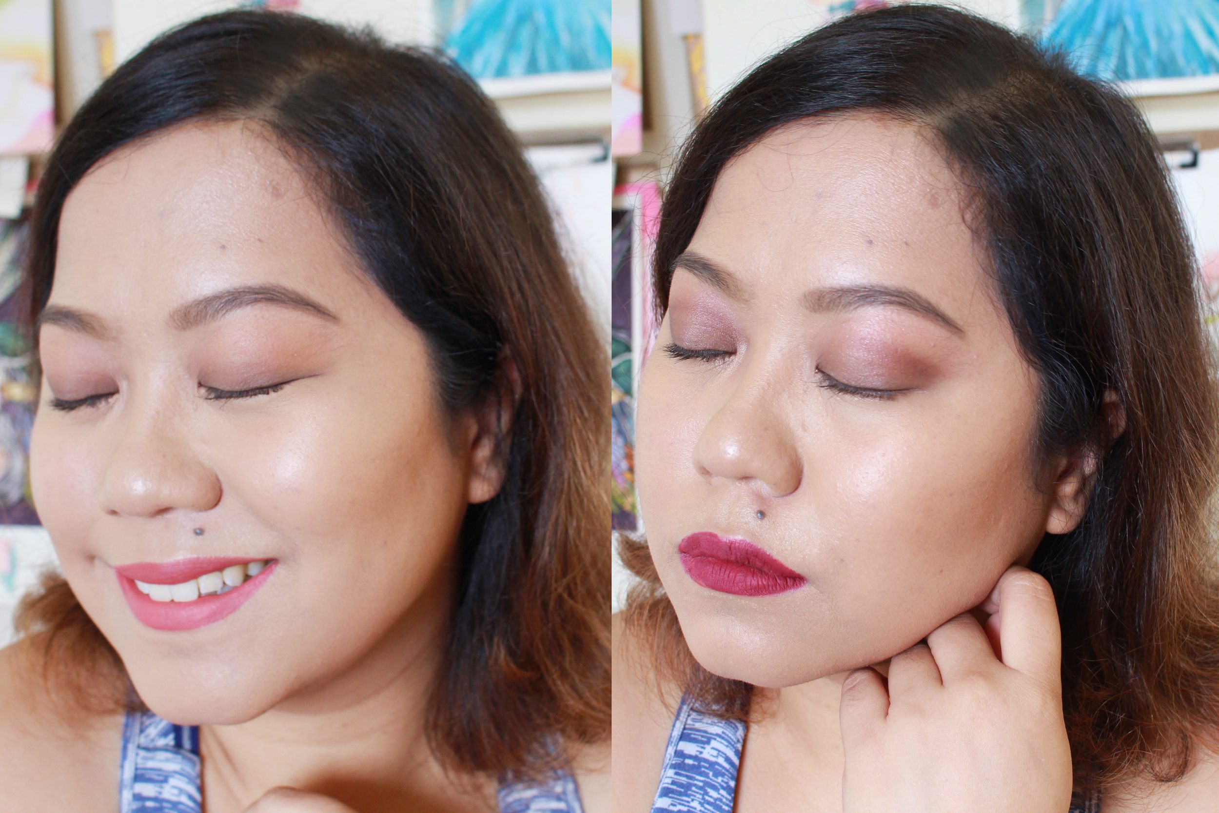 DIdn't use a primer here! Used the Rose palette in this look. Left is a combination of the lighter shades, while right has the smokier shades.