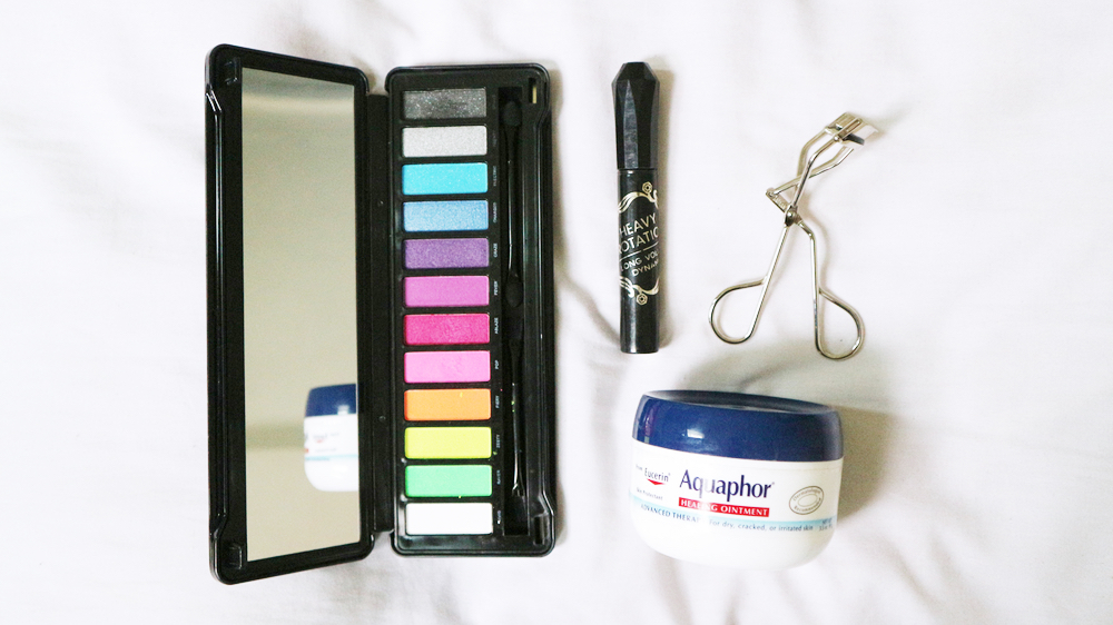 I used the Neon BYS Eyeshadow Palette, Heavy Rotation Mascara, Eucerin Aquaphor Healing Ointment, and Fashion 21 Eyelash Curler