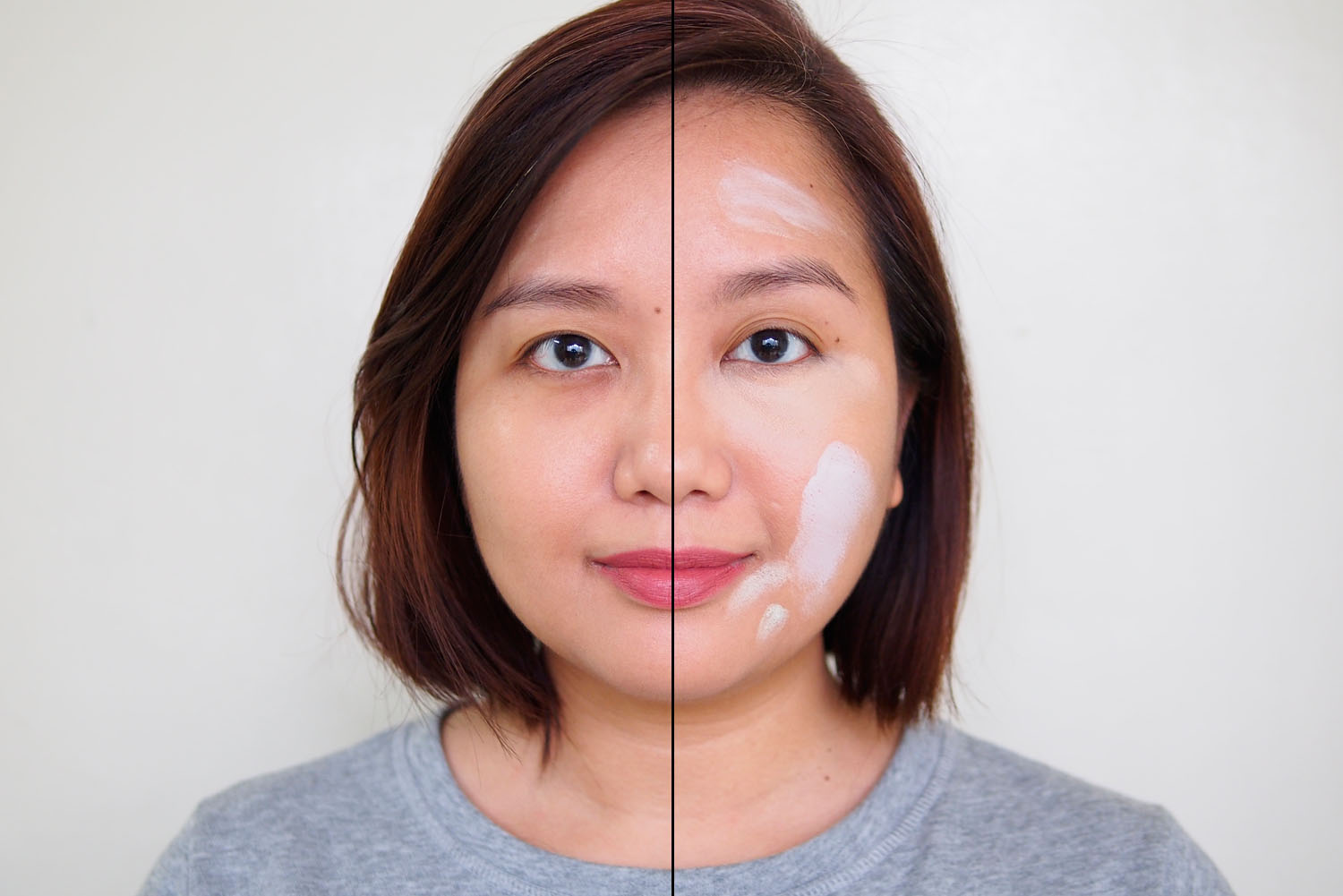 Left: foundation only, Right: unblended corrector