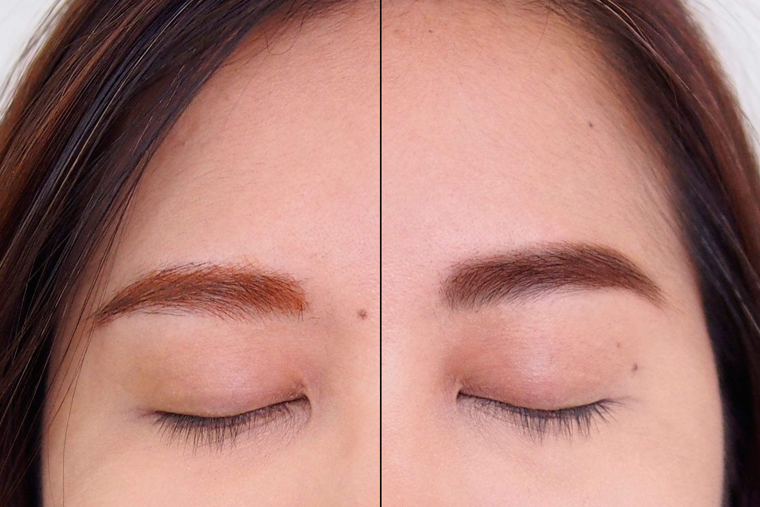 Left: Orange-tinged brow mascara, Right: Reddish brown brow mascara