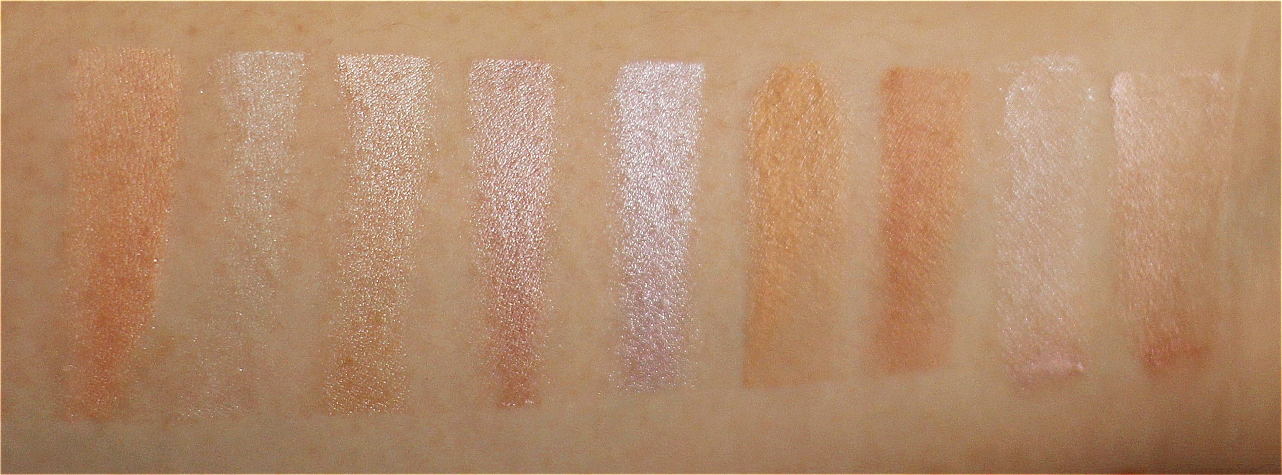 Left to right: Happy Skin Glisten Up! Highlighter Cheek Stick, Sleek Highlighting Palette (2nd, 3rd, 4th, 5th), Revlon Photoready Skinlights, Revlon Highlighting Palette, NYX Born to Glow Liquid Illuminator, City Color Glowing Complexion Illuminating Cream