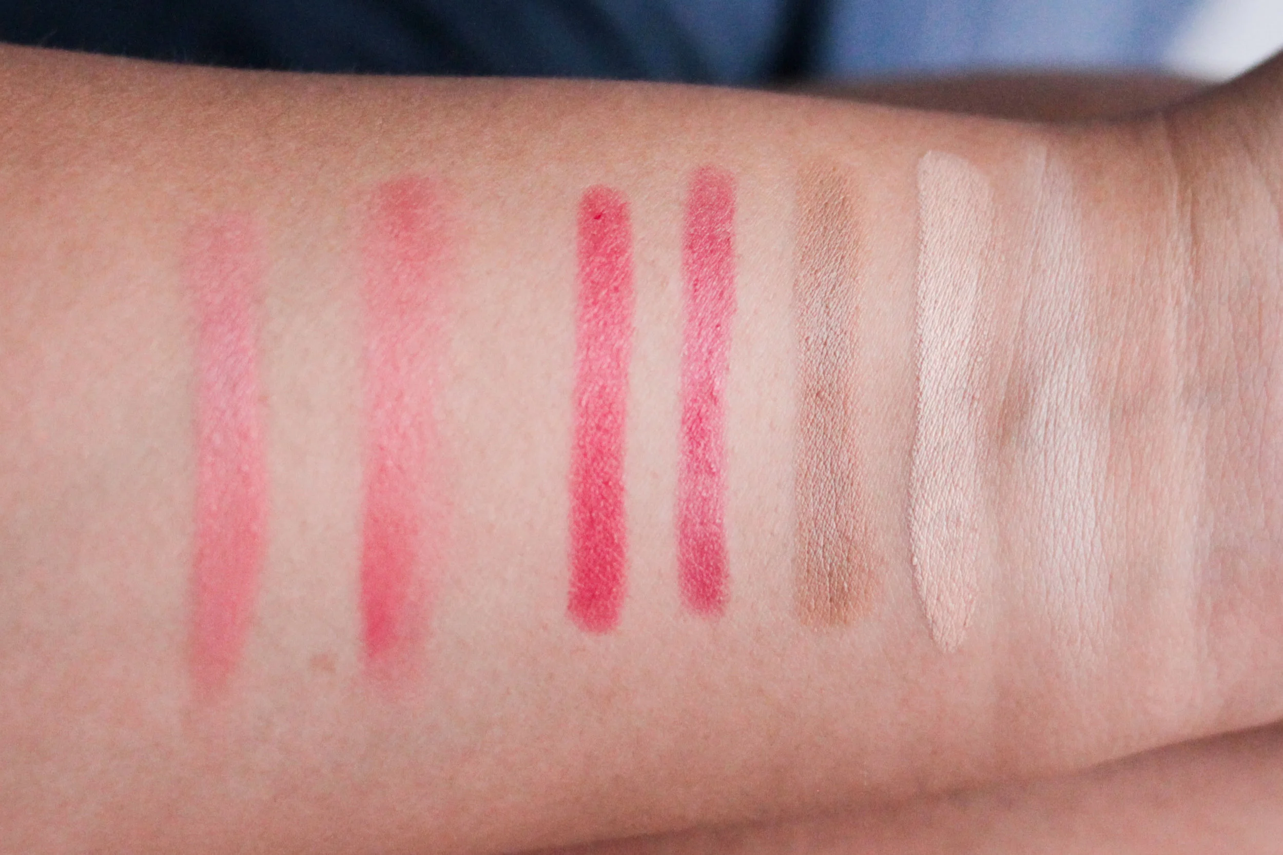 From left: lip and cheek creams, lip crayons, contour crayon, highlight crayon, powder