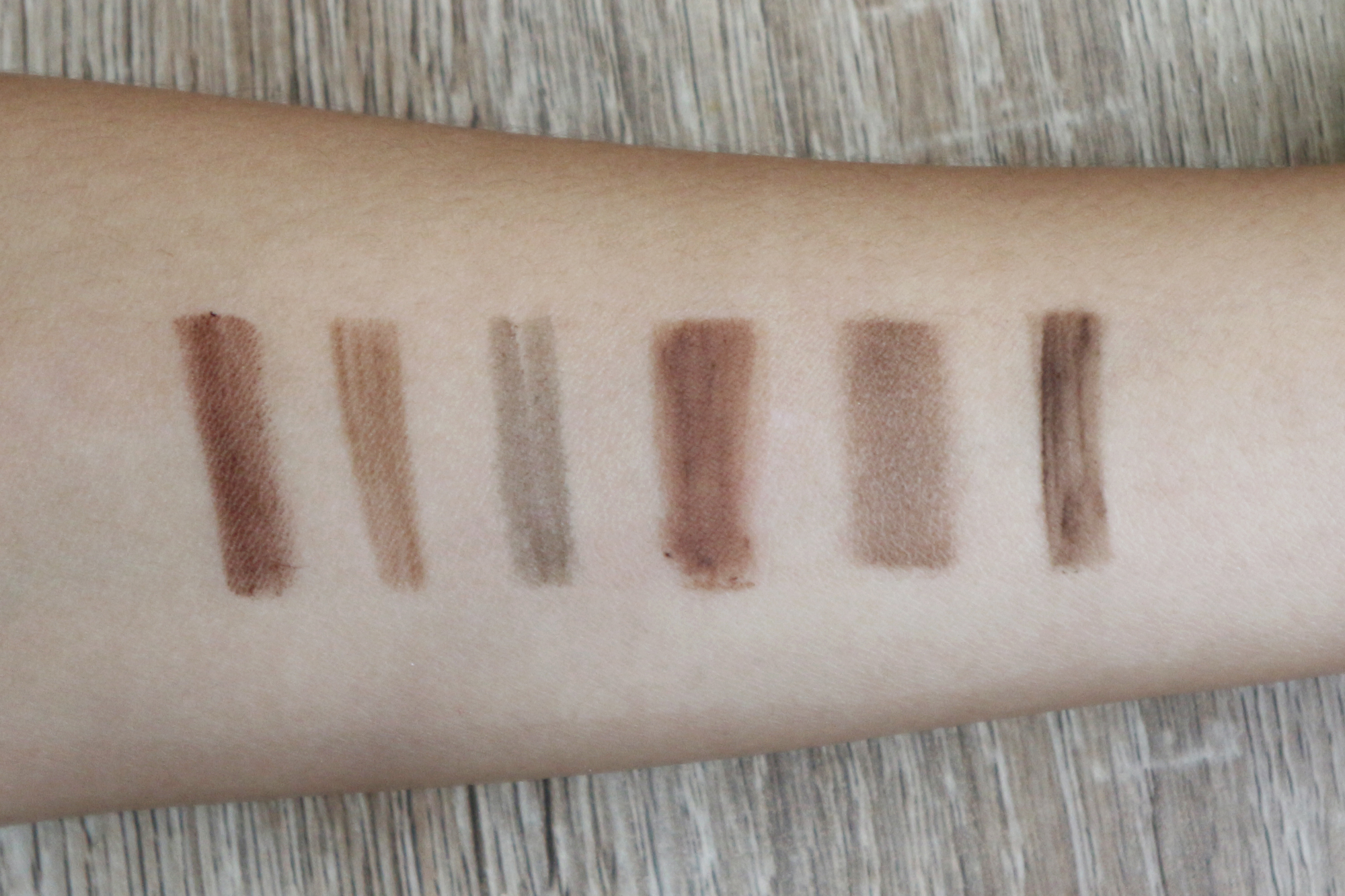 Left to right: Christian 2in1 Longlasting Eyebrow/Eyeliner Pencil, Holika Holika Wonder Drawing Wonder Drawing 24hr Eyebrow Pencil, K-Palette Lasting 2-Way Eyebrow Liquid Pen, Pink Sugar Honey I’m Good Brow Mascara, Estee Lauder Brow Now All-In-One Brow Kit, Benefit Ka-BROW! Eyebrow Cream-Gel Color