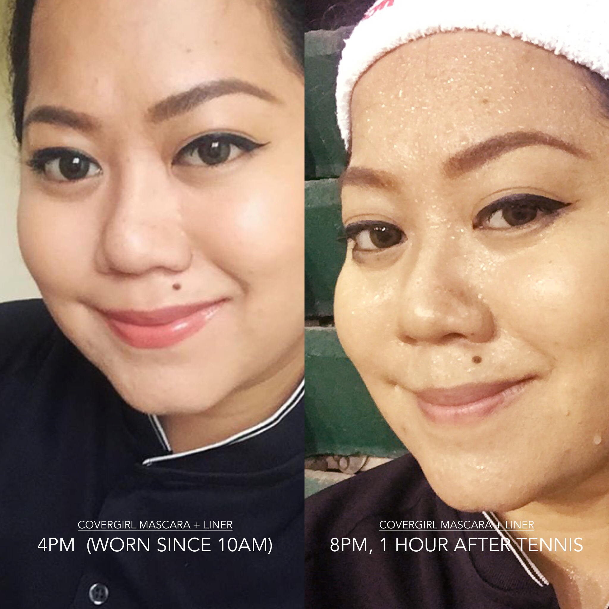 Here's how the Super Sizer Mascara + Intensify Me Liner looks like when worn all day (10am to 8pm), and in extreme conditions. Note that an hour after tennis, the liner and mascara are still black and intact, although they have smudged. Impressive!