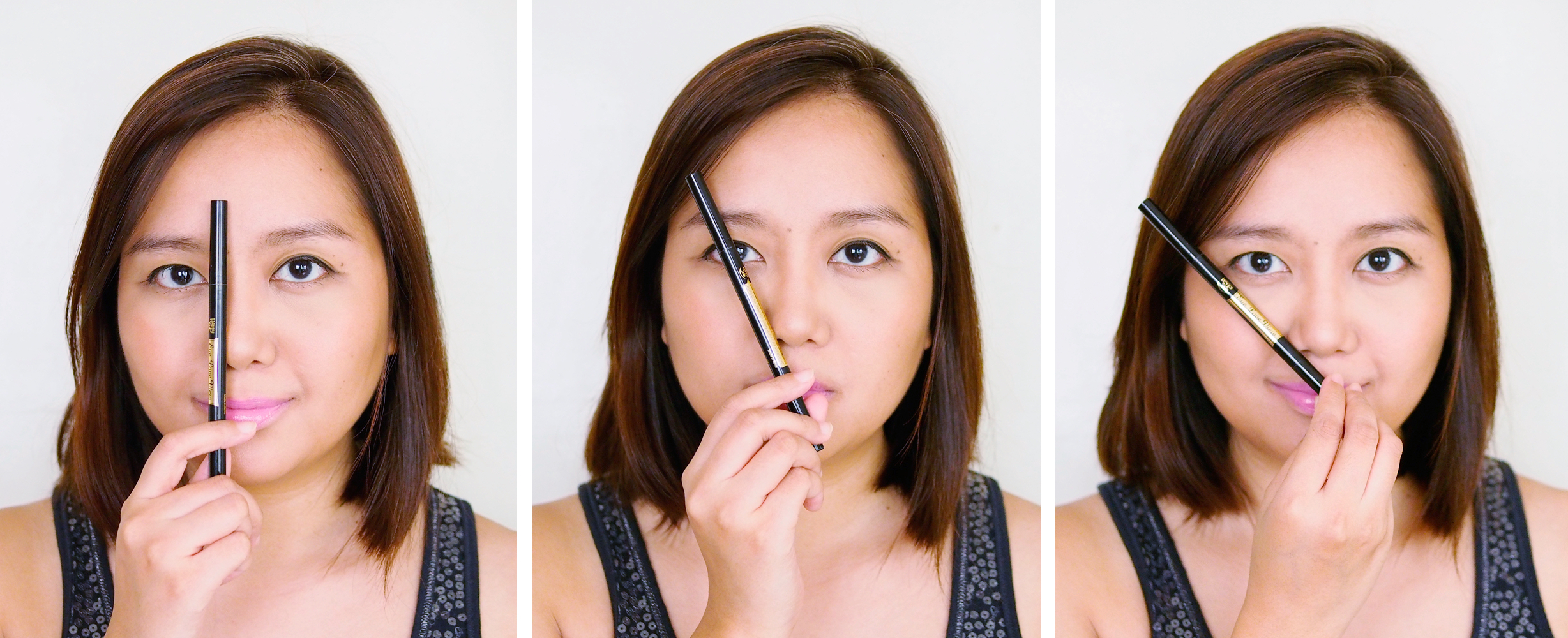 Align the pen on the inner part of your nose to see where to start, the middle part of your eyes to see the arch, and the tip of your outer eye to see where it should end.