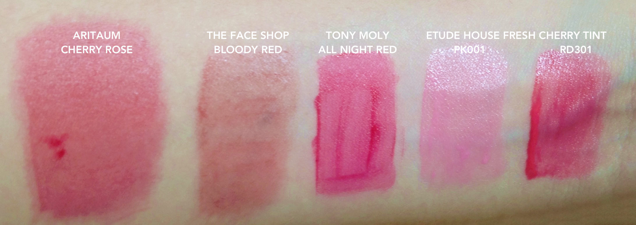 From left: AritaumStyle Pop Water Tint in Cherry Rose, The Face Shop My Lips Eat Cherry in Bloody Red, Tony Moly Liptone Get It Tint in All Night Red, Etude House Fresh Cherry Tint in PK001 and RD301