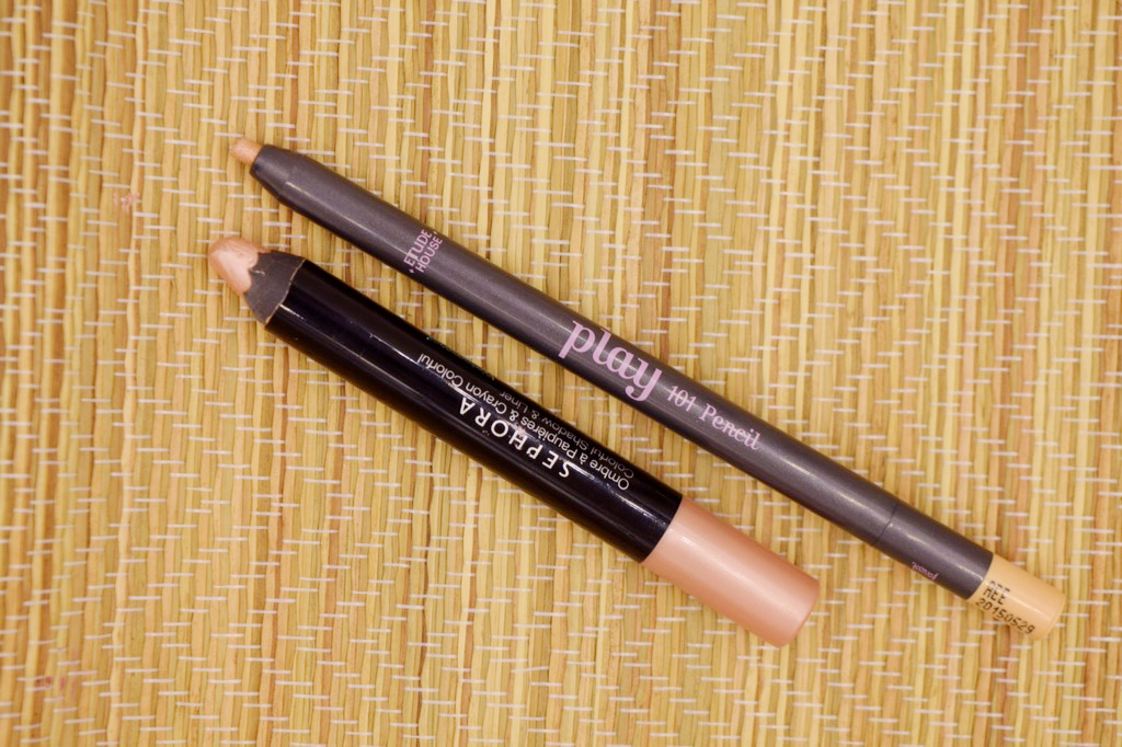 Sephora Colorful Shadow and Liner in Beige (left) and Etude House Play 101 Pencil (right)