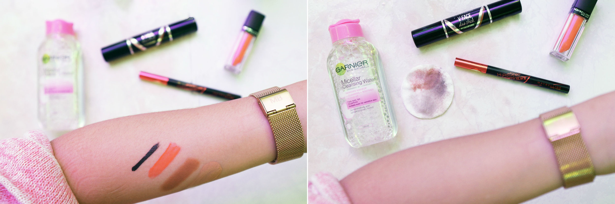Swatched an eyeliner, liquid matte lipstick, contour stick and foundation on my arm. I held the micellar water-soaked cotton pad over the swatches for just a few seconds before swiping. Everything came off easily!