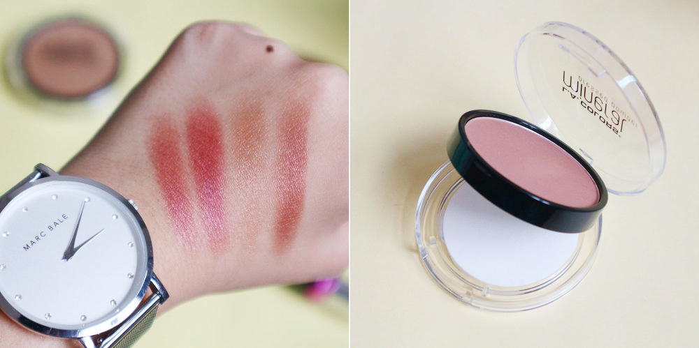 Clockwise swatch of the She Bronzer Palette; the L.A. Colors Mineral Pressed Powder comes with a puff for application