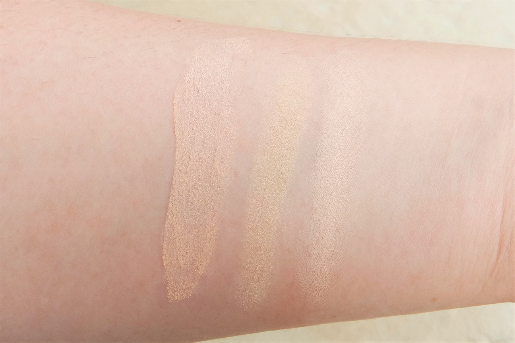 From left: Serum foundation, concealer, and pressed powder