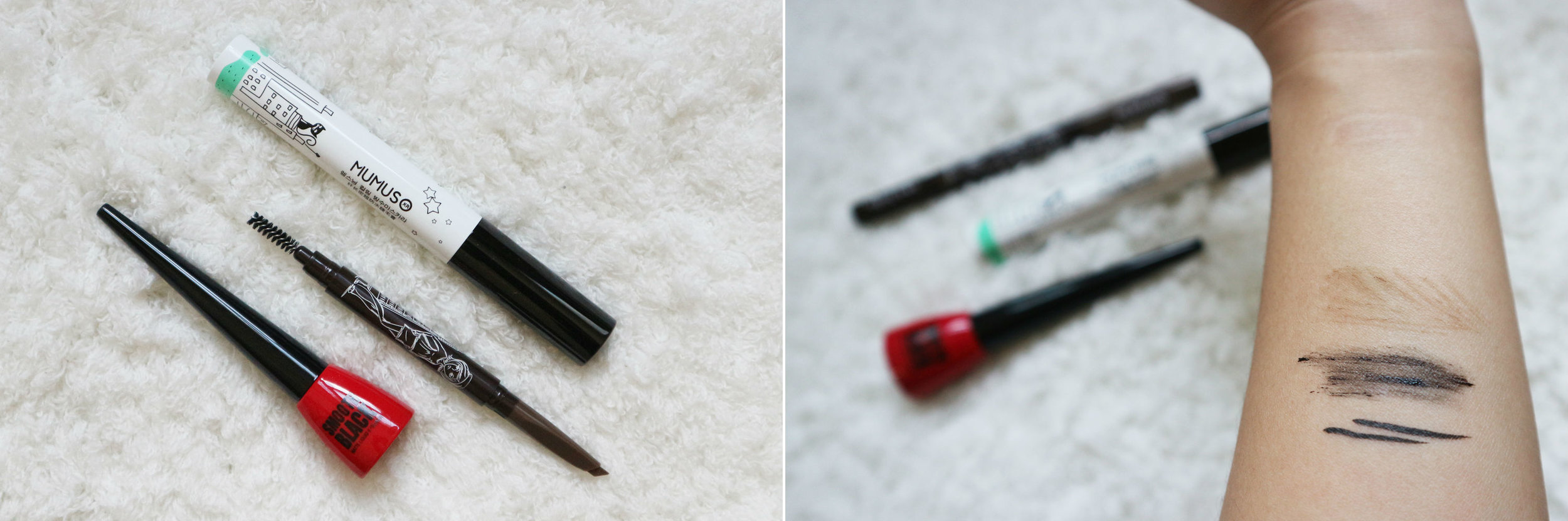 Swatches from top: eyebrow pencil, mascara, eyeliner