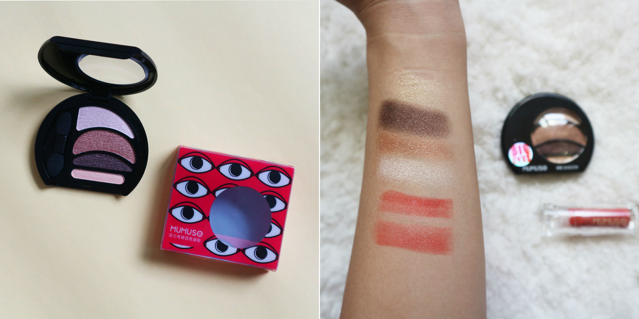 Swatches from top: four eyeshadow shades and three-tone lipstick