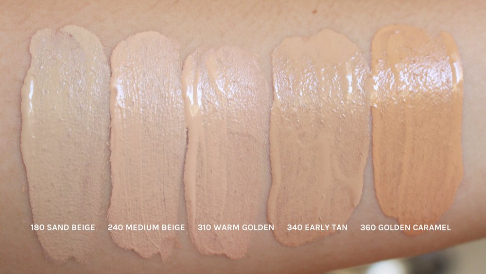 These are Revlon Colorstay swatches. The shades look convincingly yellow in the swatch, but all of them sans Sand Beige (ironically) have a red undertone when blended. Still a great formula though. Full review here .