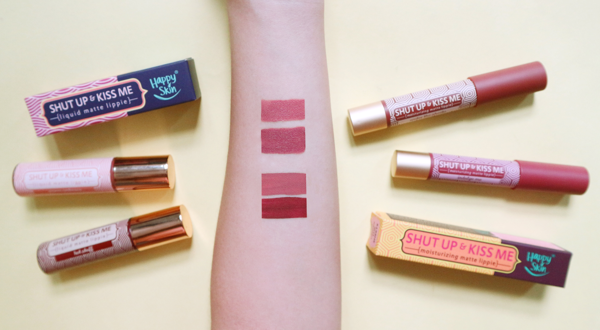 From top: Happy Skin Shut Up & Kiss Me Moisturizing Matte Lippie in Under the Sheets and Indulge Me , Happy Skin Shut Up & Kiss Me Liquid Matte Lippie in Warm Embrace and Hot Stuff