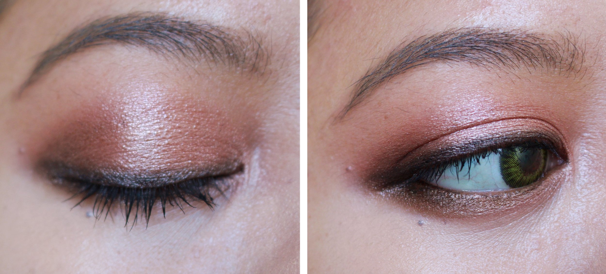 This one's cooler, more subdued. I blended Rose Gold on my lids, Rhodium on the outer lids, and Brass on the crease. I then used Steel to line my eyes. See how dark it is? It can be even more opaque if used wet.