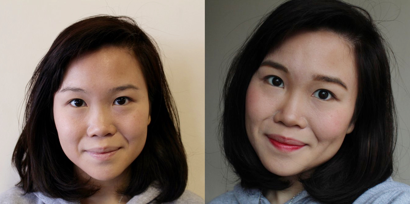 Left: Wearing only sunscreen + BB cream as a base / Right: After applying the Canmake products
