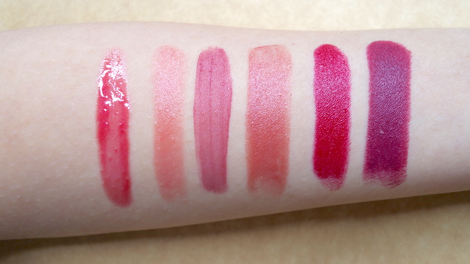 The six basic lipstick finishes: (from left) Gloss, Sheer, Tint, Cream, Satin, and Matte