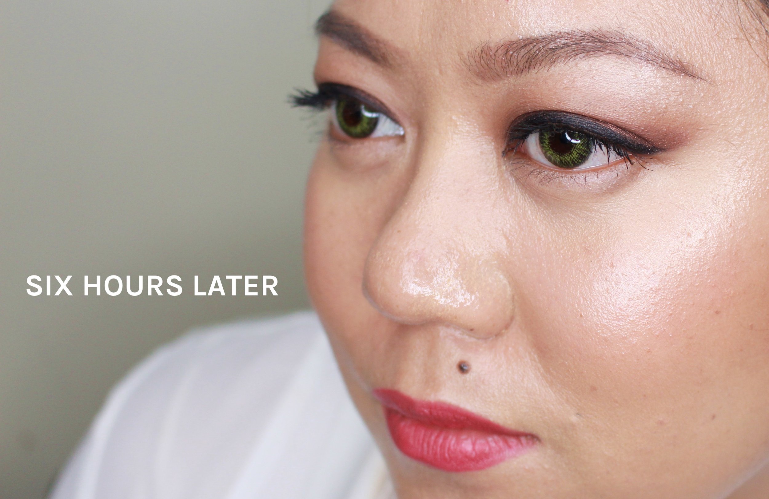 This is with ZERO retouch. Notice how there's barely any smudging on my eye makeup; the lipstick is still there and so is a hint of the blush. I'm oily though, as the MJ primer is best for dry skin.